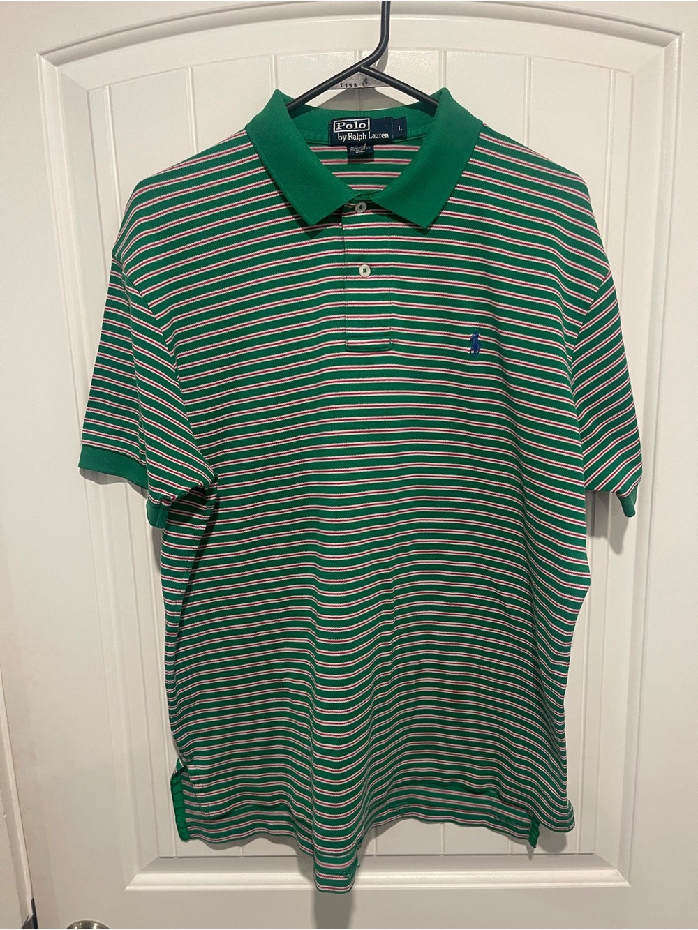 Ralph Lauren Green Striped Polo with Pink and White Accents